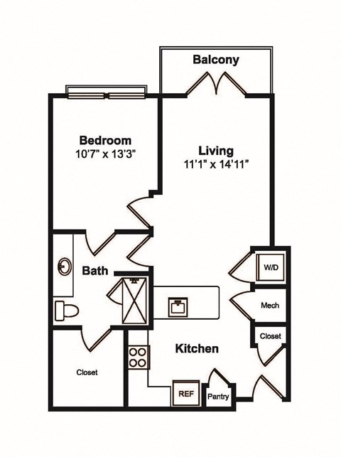 Floor plan for 1 bed, 1 bath, 759 sqft